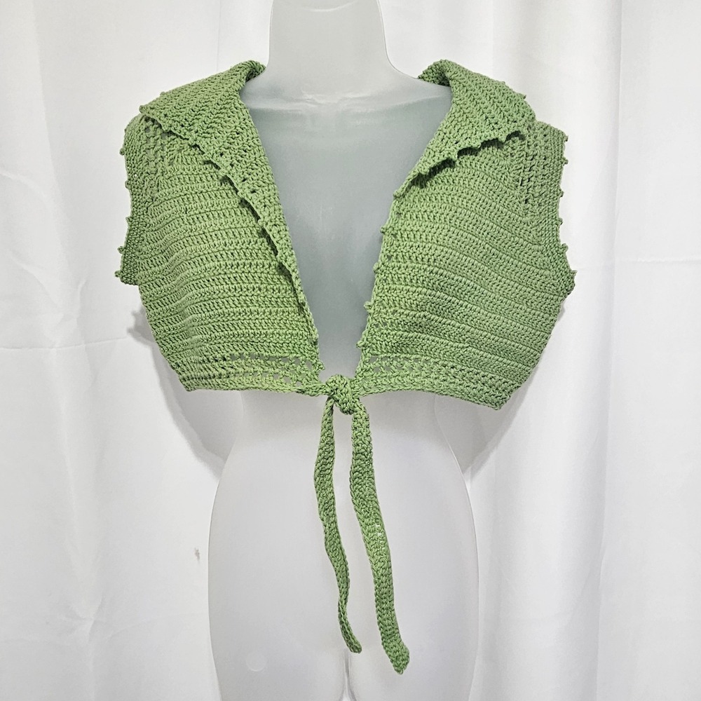 Handmade Crochet Crop Top Sage Green Open Front Tie Shrug Boho Festival Vest